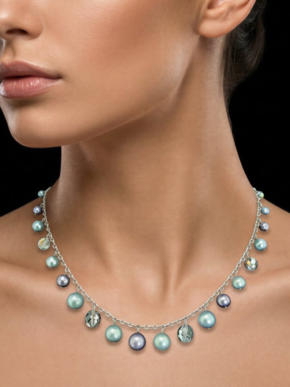 Beaded Dangle Charm Necklace 16" - 19" Adjustable Faux Pearl & Crystal
